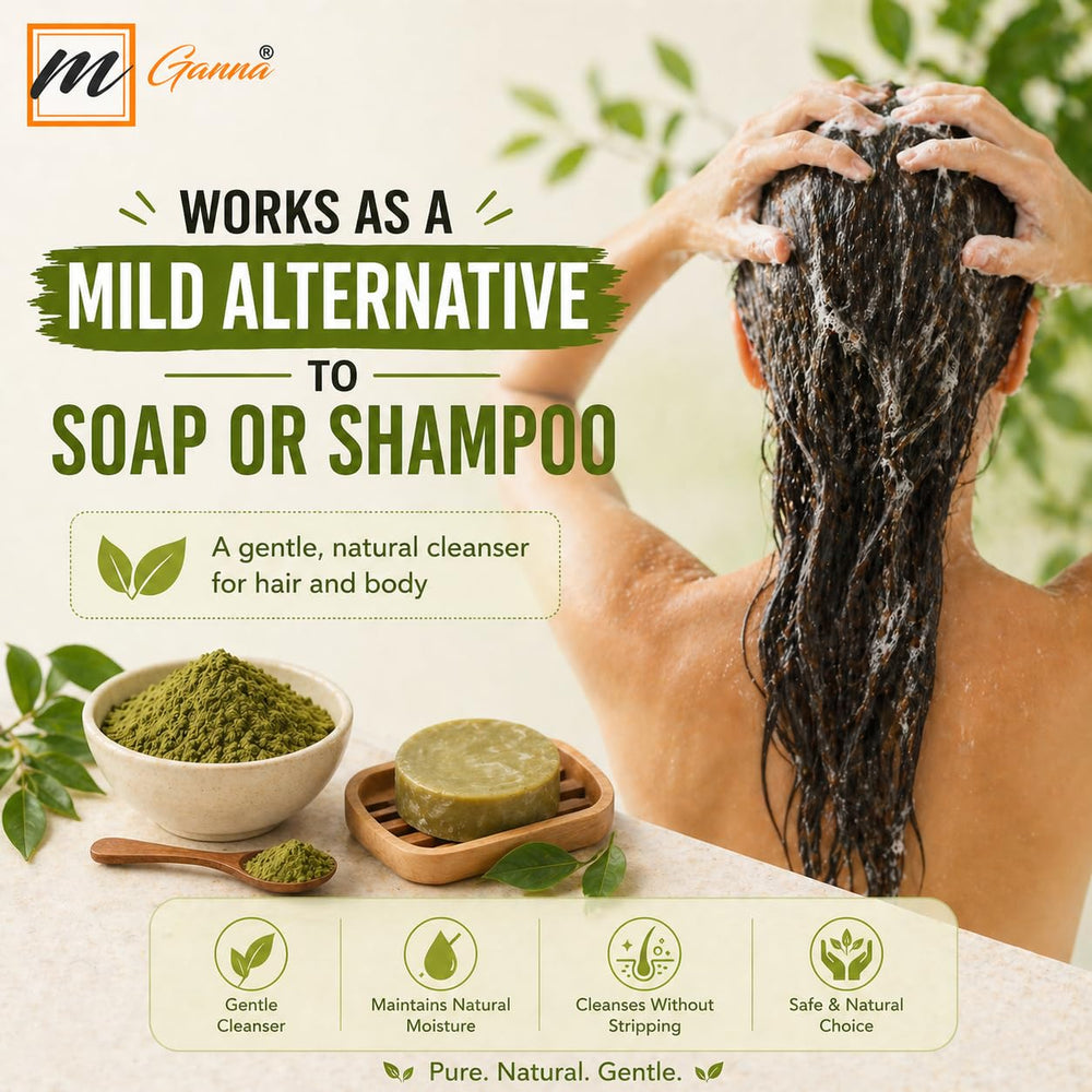 mGanna Sidr powder face mask on skin showing gentle cleansing benefit