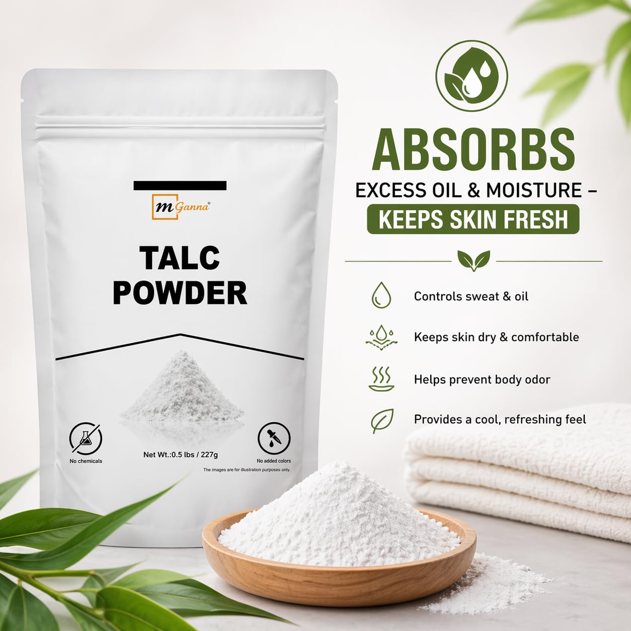 mGanna talc pouring from spoon showing easy dispensing and control