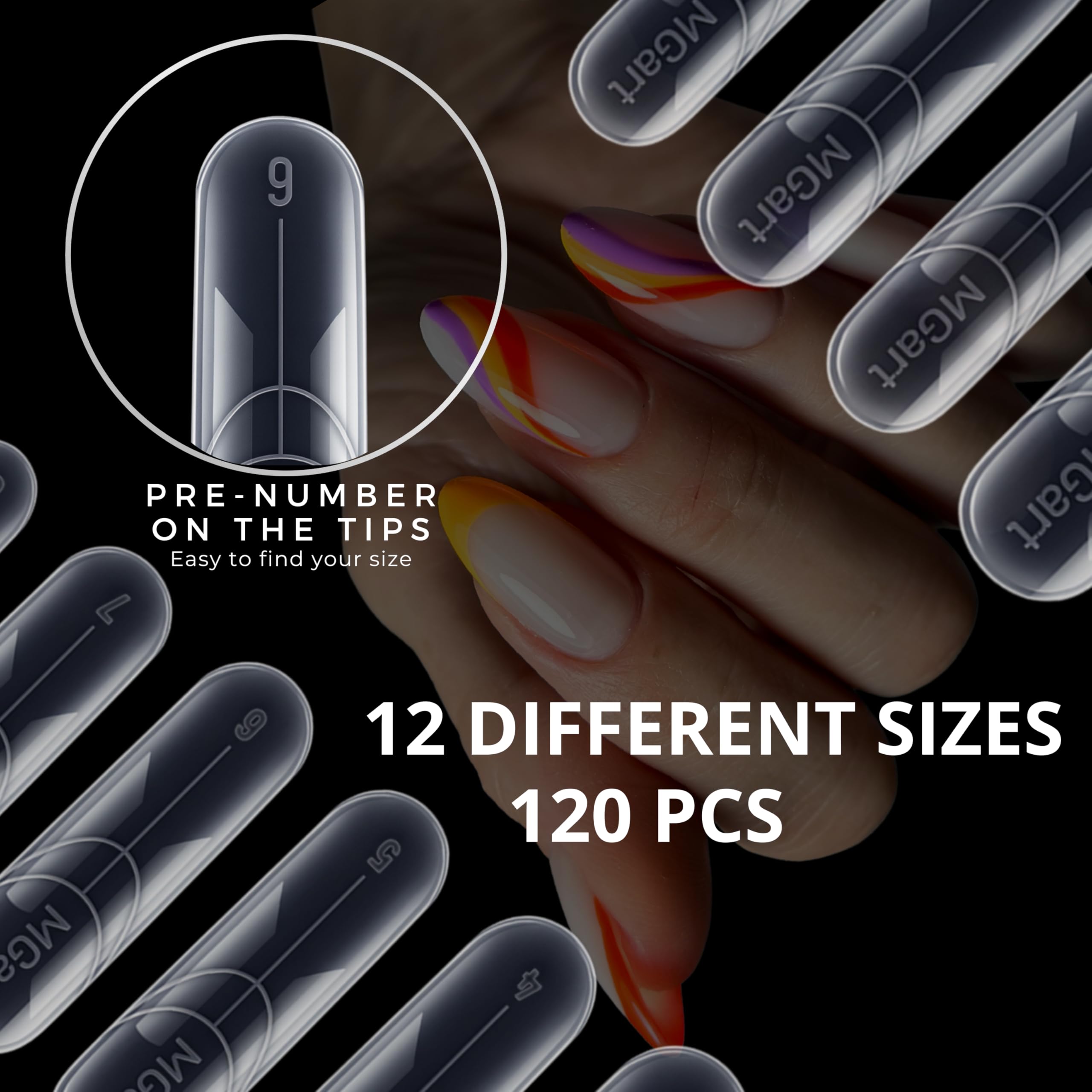 MGART finished square nail extensions on hands, delivers uniform salon finish