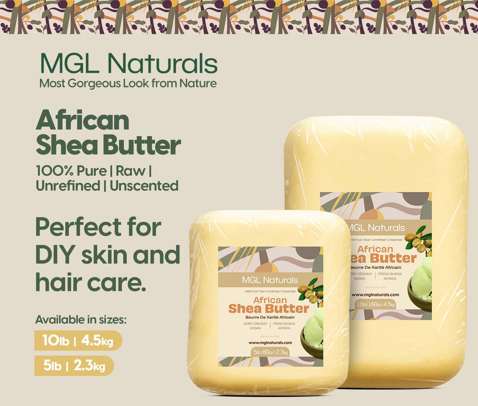 MGL Naturals ingredients label close-up confirming 100% pure shea butter