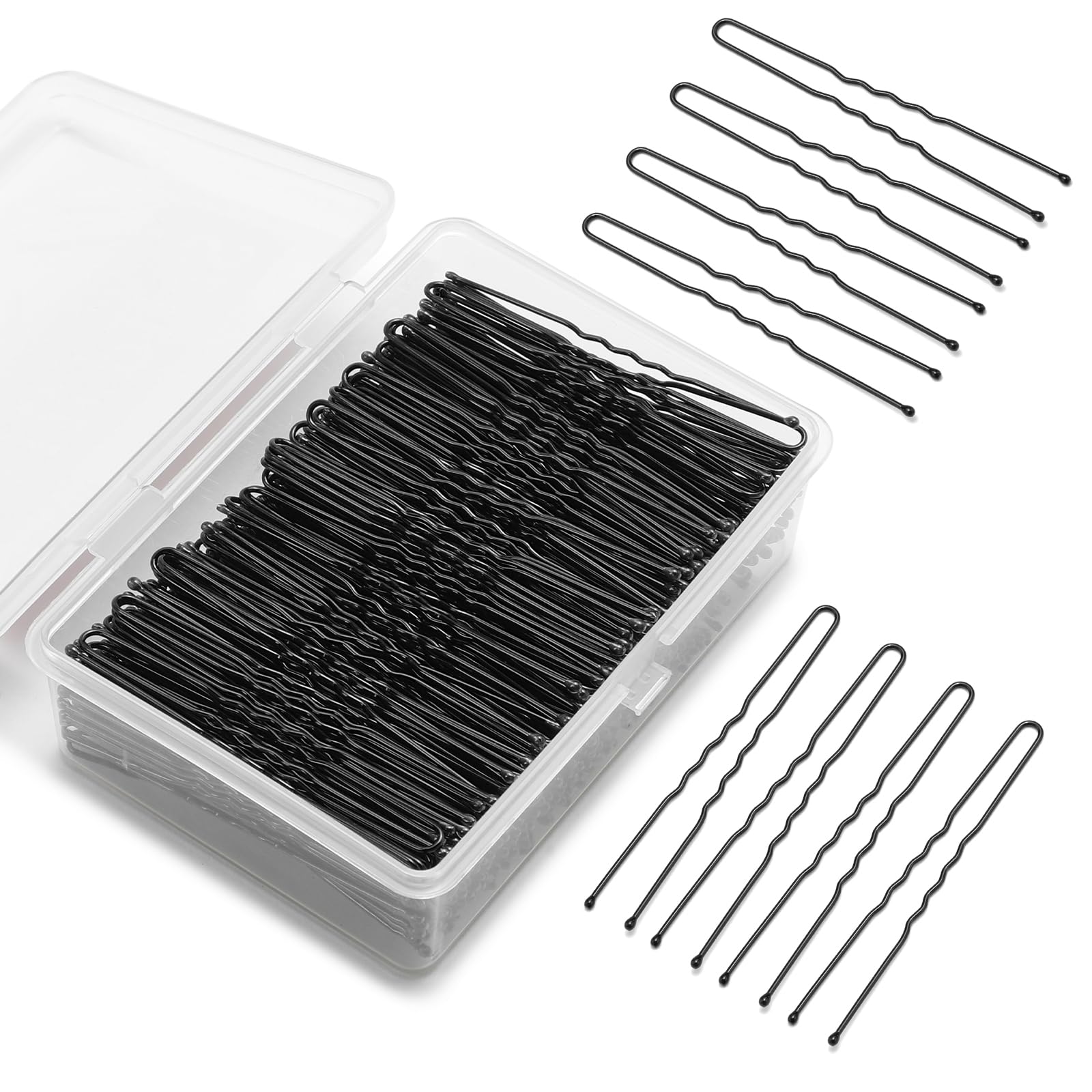 Mia Klein front packaging showing 250 black U-shaped pins and clear box for organized storage