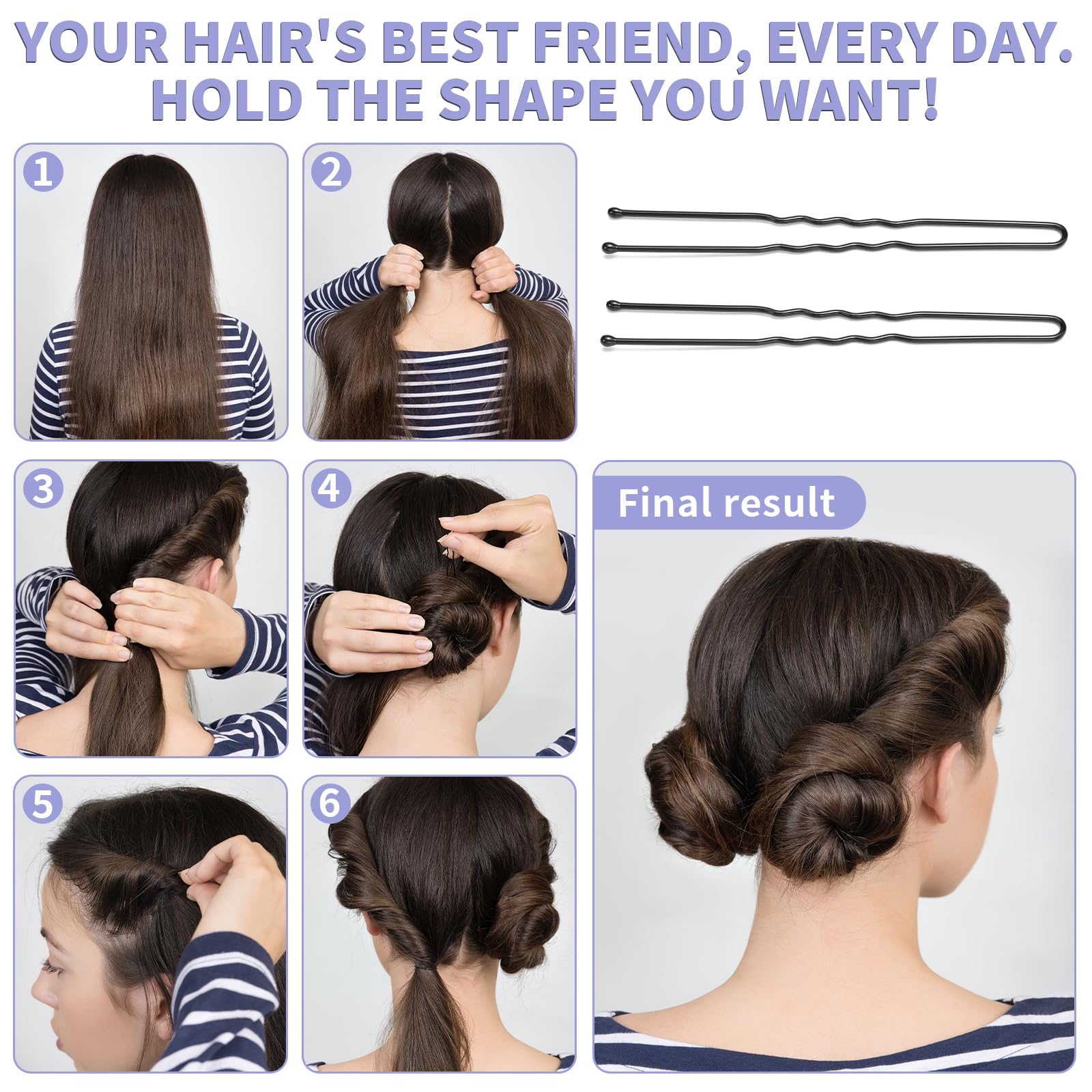 Mia Klein pins securing an elegant updo on model demonstrating strong hold and invisibility
