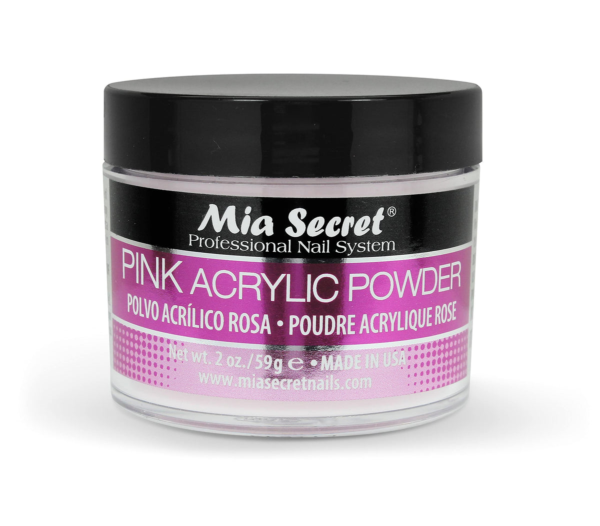 Mia front packaging of pink acrylic powder showing product and brand benefit