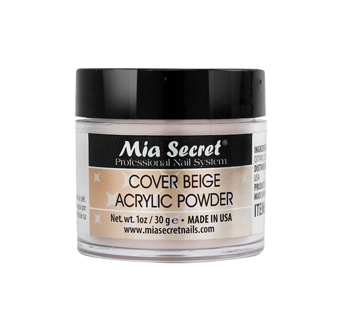 Mia Secret front packaging showing powder jar and easy identification benefit