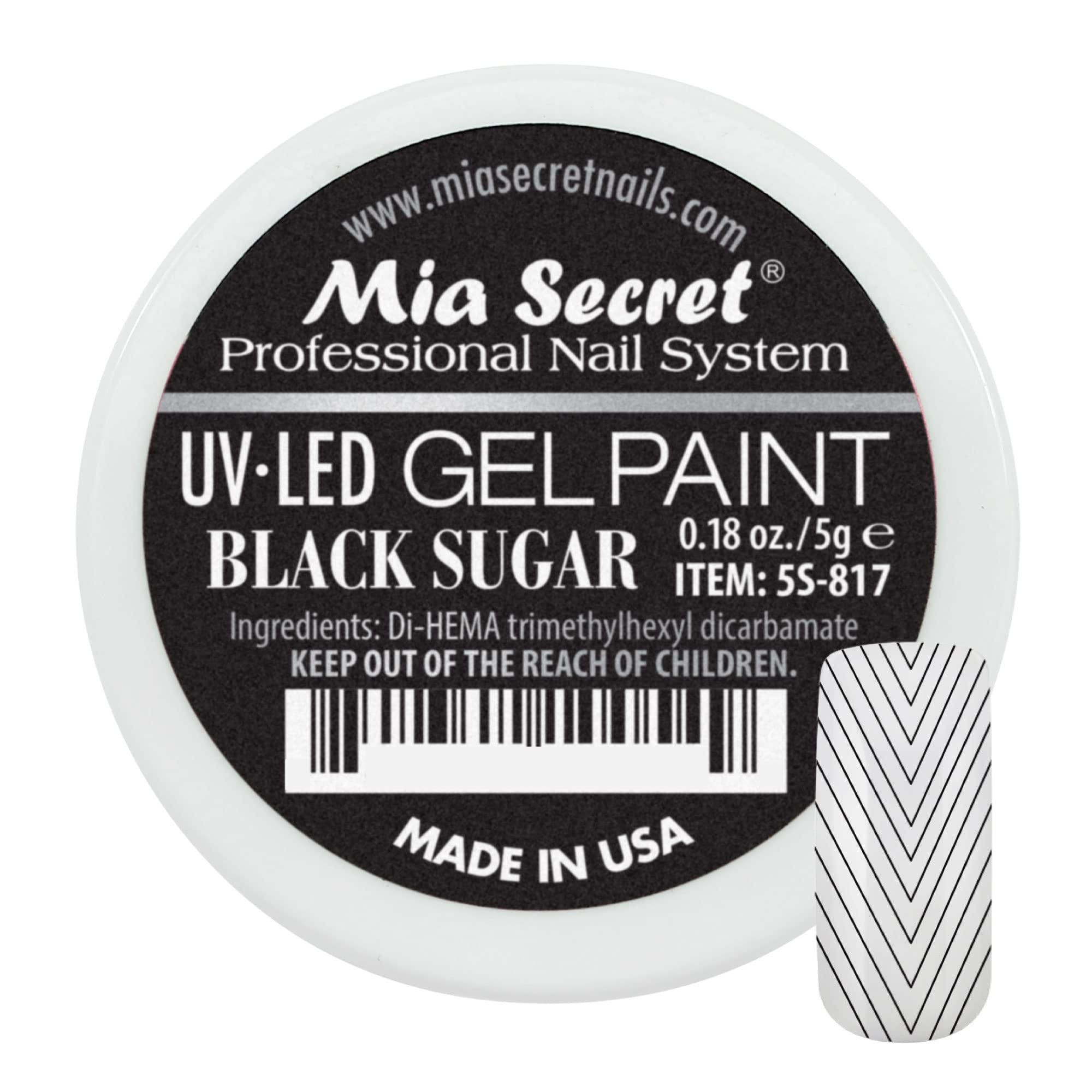 Mia Secret jar front showing Black Sugar shade and clear labeling, professional finish