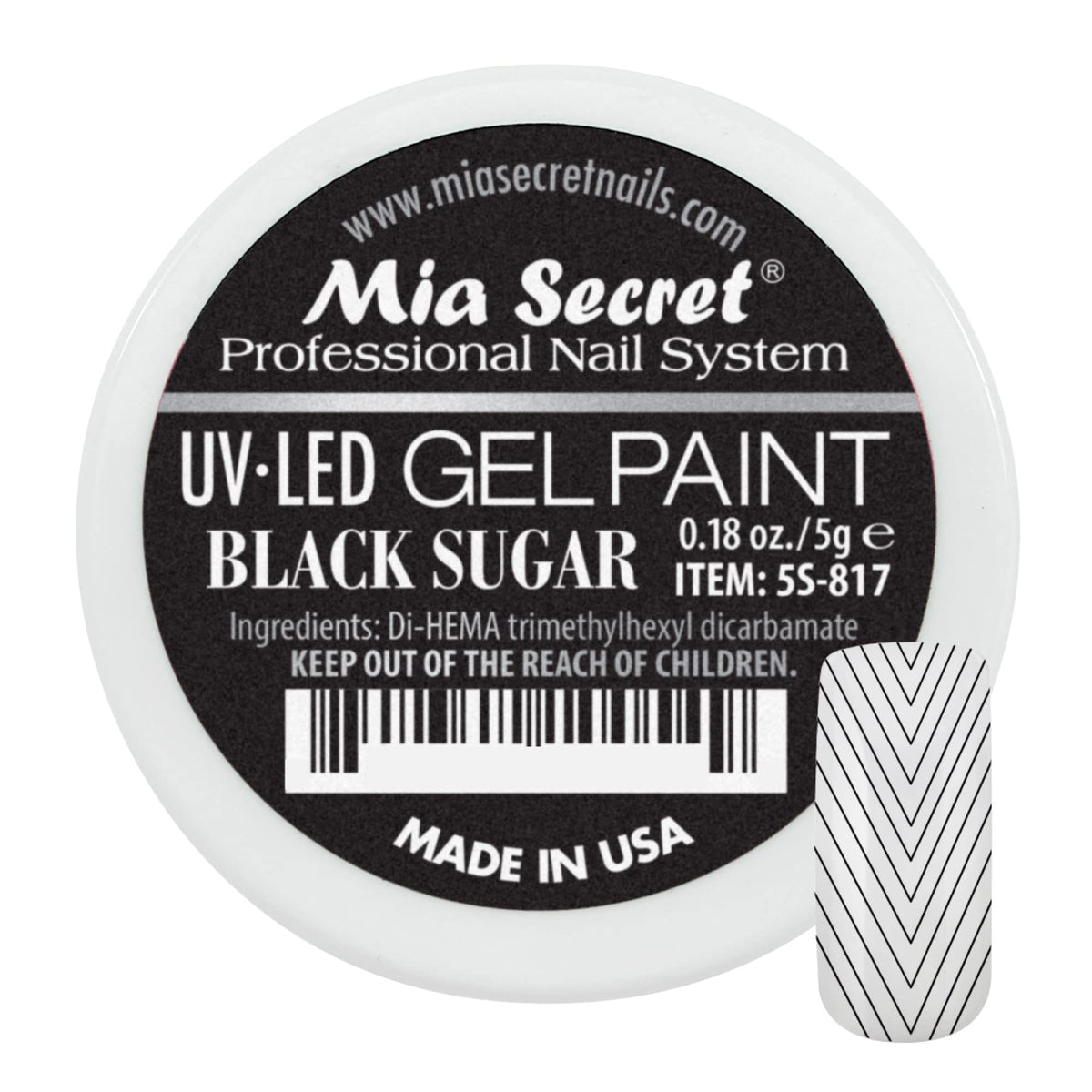 Mia Secret jar front showing Black Sugar shade and clear labeling, professional finish
