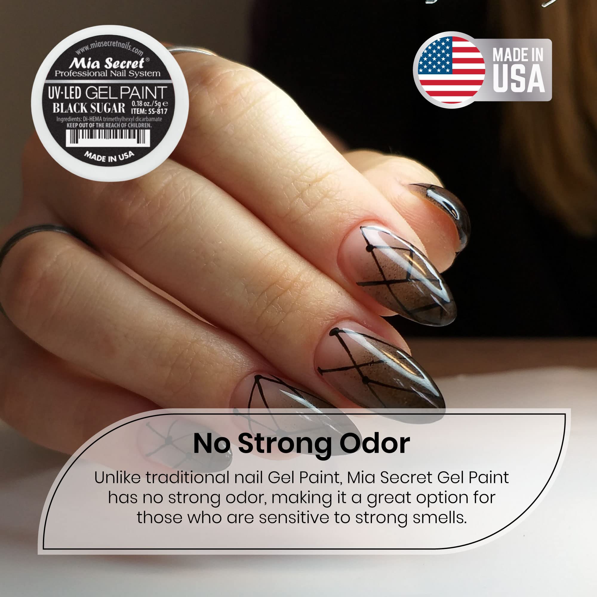 Mia Secret painted nail close-up showing glossy cured Black Sugar result and shine
