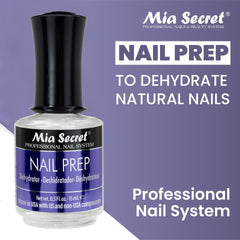 Mia Secret bottle placed beside acrylic kit showing compatibility with Mia Secret systems