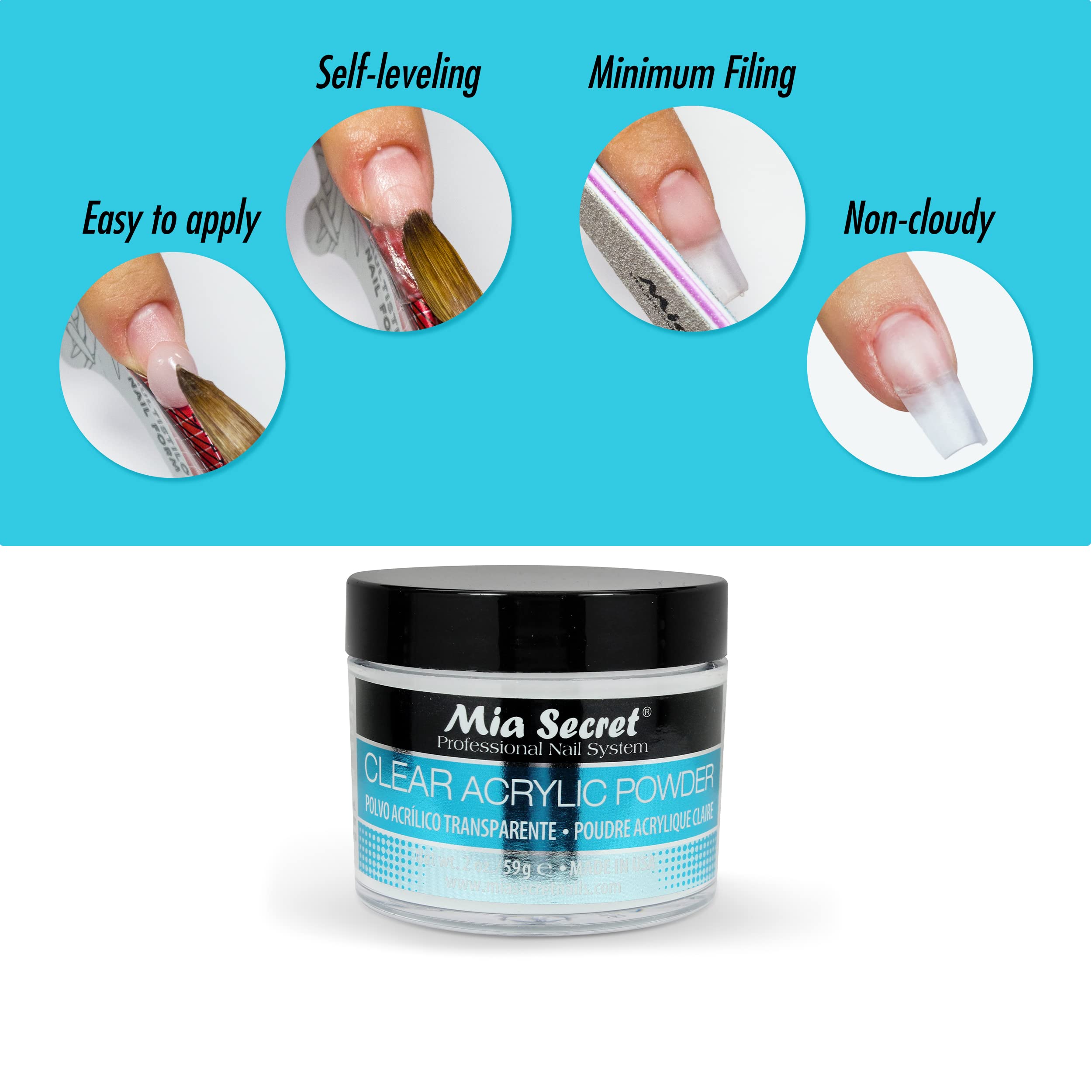 Mia Secret powder near gel bottles highlighting compatibility with gel systems