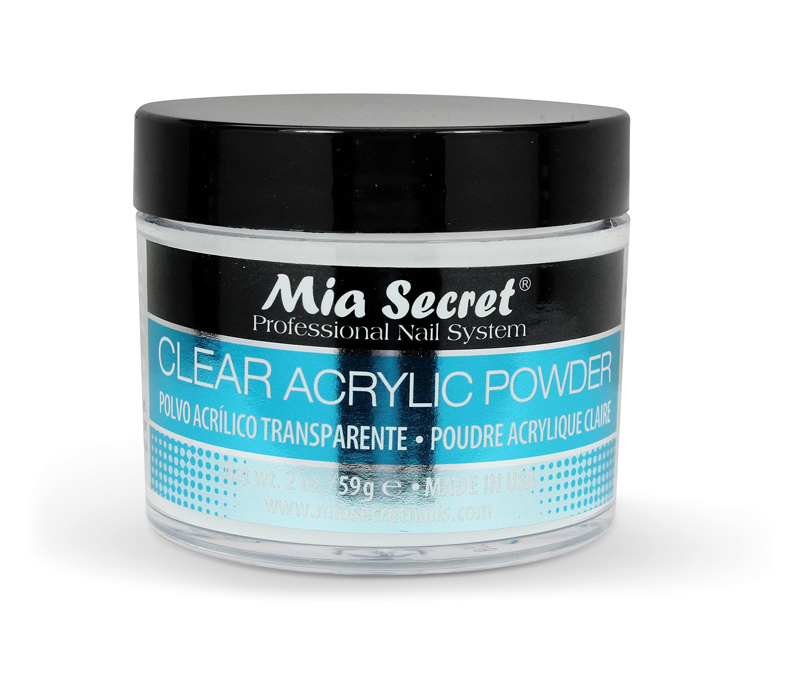Mia Secret jar front view showing clear acrylic powder and professional packaging benefit