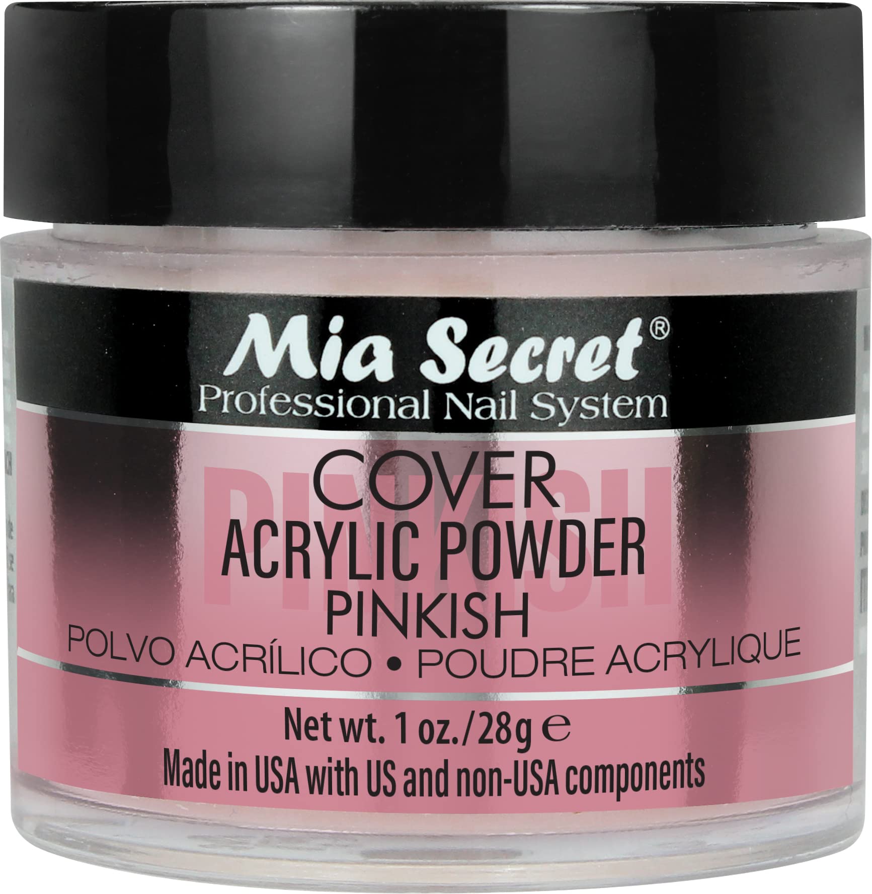 Mia Secret front jar showing cover pinkish powder and clear labeling for salon use