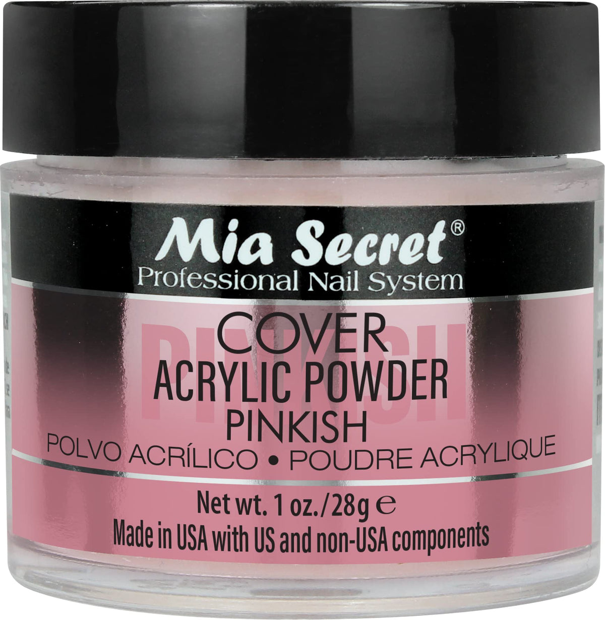 Mia Secret front jar showing cover pinkish powder and clear labeling for salon use