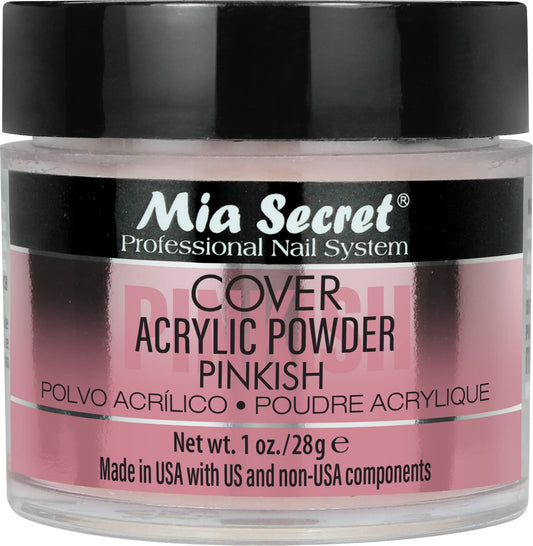 Mia Secret front jar showing cover pinkish powder and clear labeling for salon use