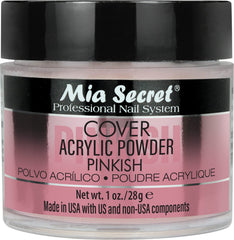 Mia Secret front jar showing cover pinkish powder and clear labeling for salon use