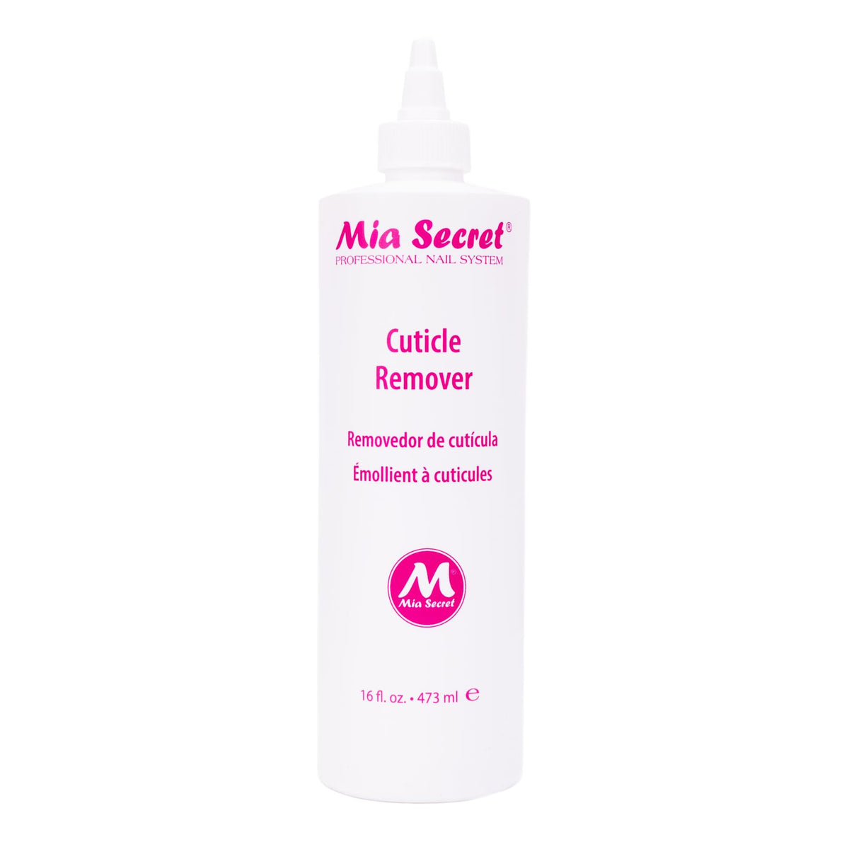 Mia Secret bottle front view showing product and benefit for faster cuticle prep