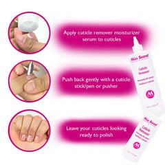 Mia Secret liquid on fingertip close-up demonstrating softened cuticle effect