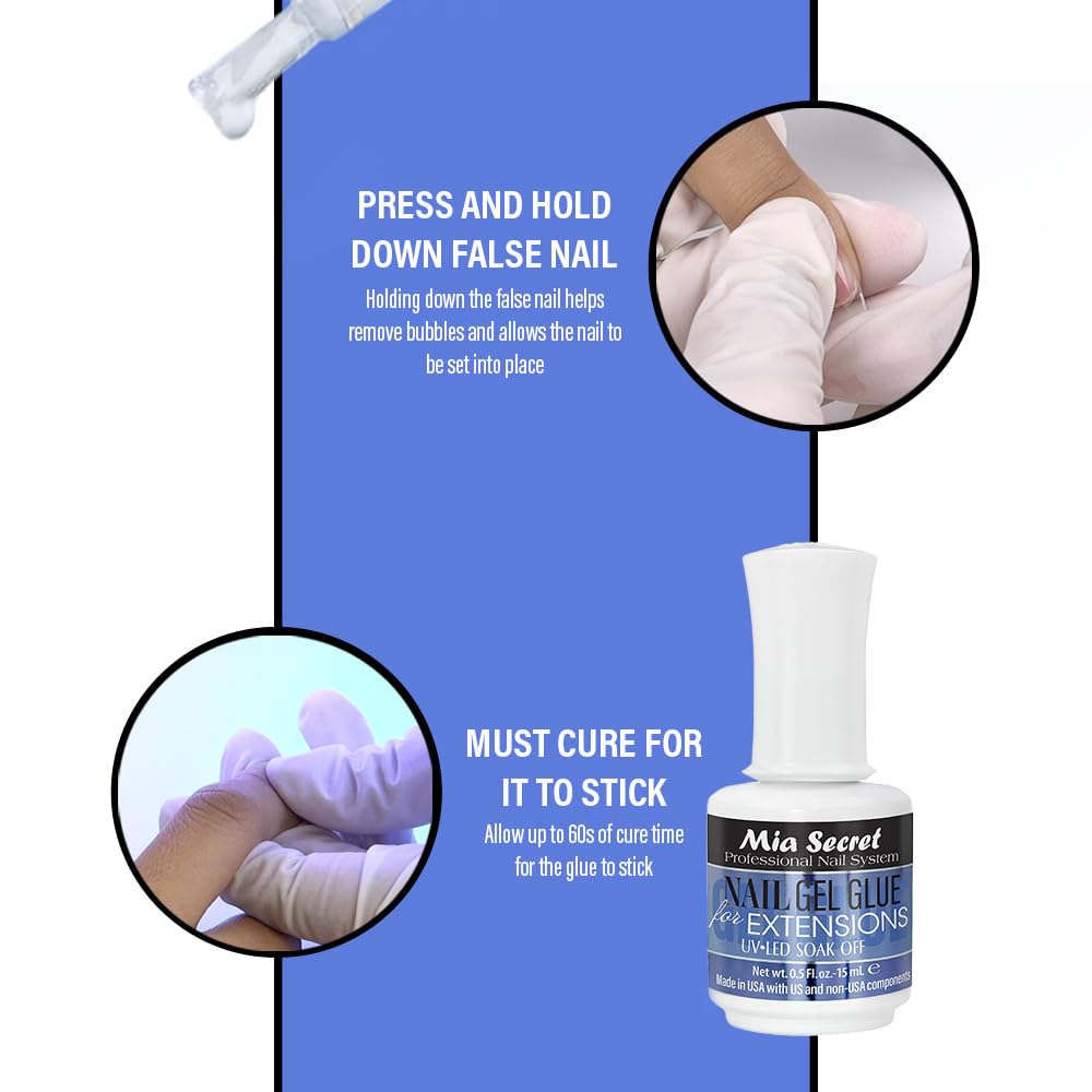 Mia Secret bonding a nail extension in use, secure adhesion for long wear