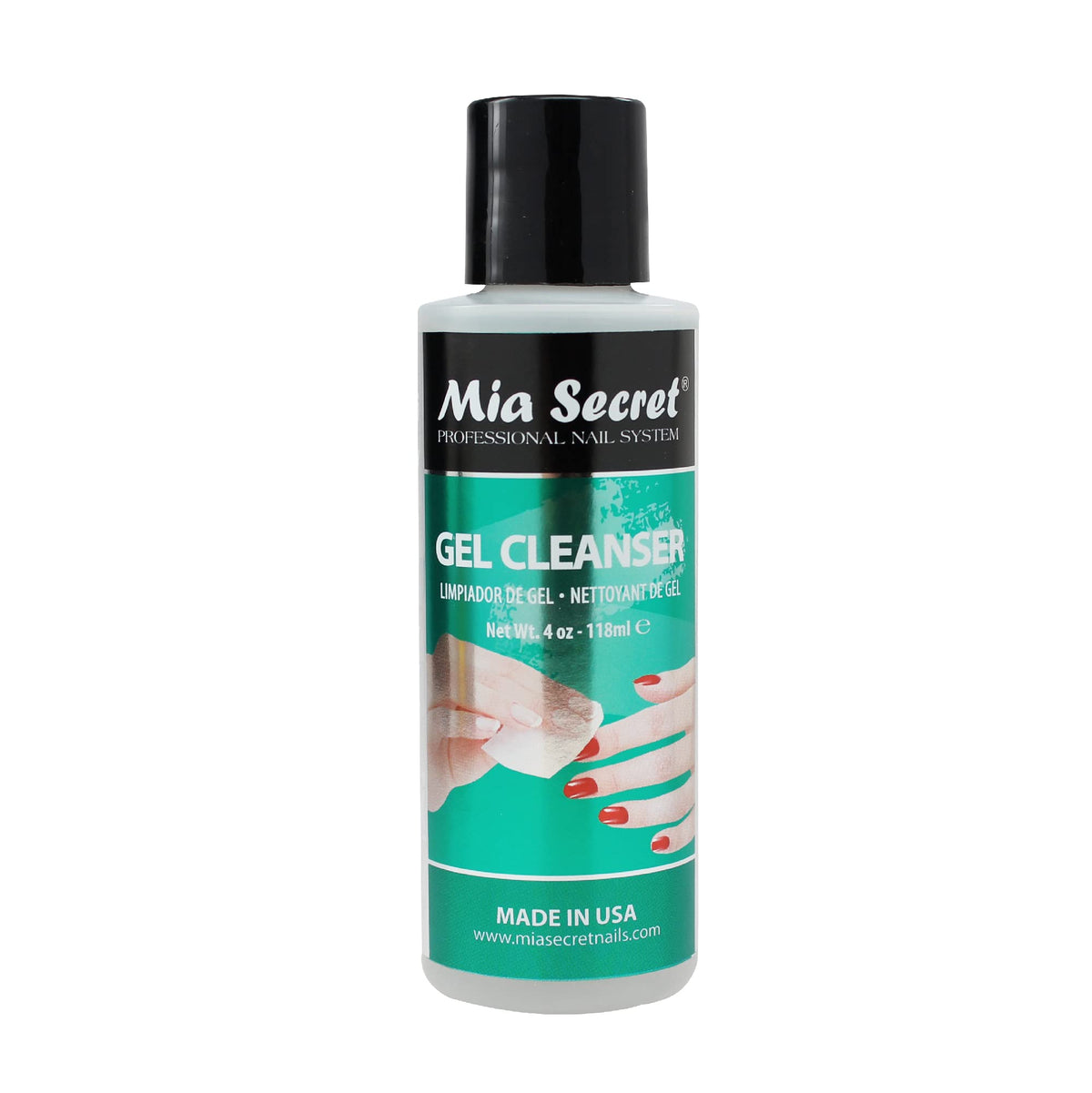 Mia Secret front packaging showing bottle and clear gel cleanser benefit: clean finish
