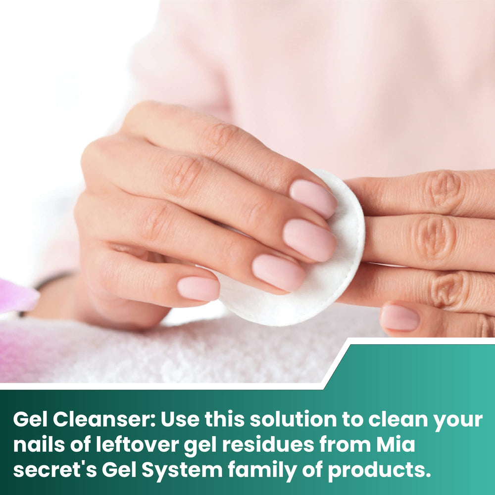 Mia Secret gel cleanser placed beside Gelux bottle showing system compatibility benefit