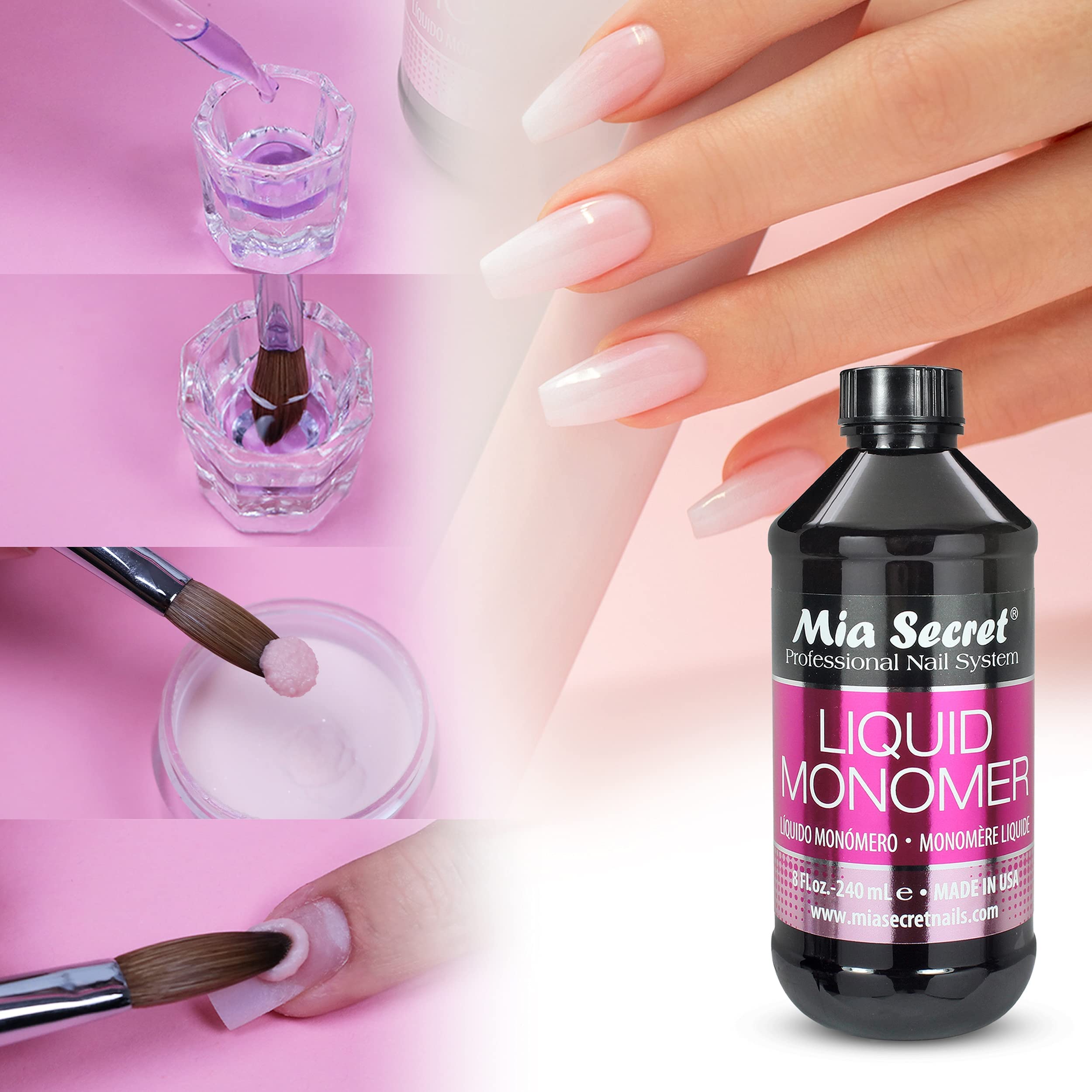 Mia Secret monomer in a salon setting with technician using product for consistent results