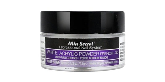 Mia Secret white acrylic powder jar front view showing clean label and product benefit