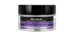 Mia Secret white acrylic powder jar front view showing clean label and product benefit