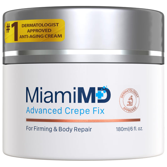MiamiMD Advanced Crepe Fix jar front view showing label and 6 fl oz, promoting firmness