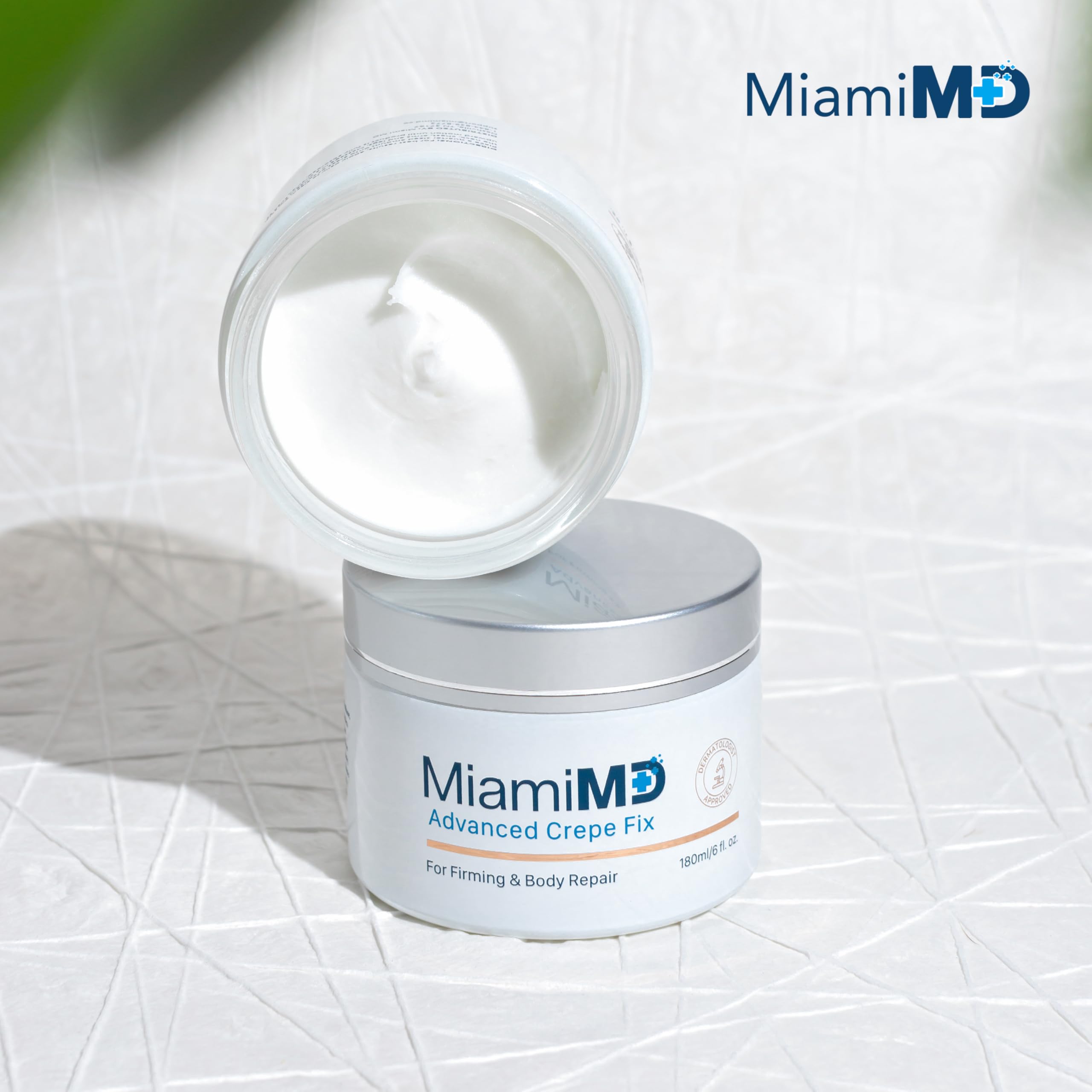 MiamiMD jar staged on bathroom shelf, showing routine-friendly product for improved texture