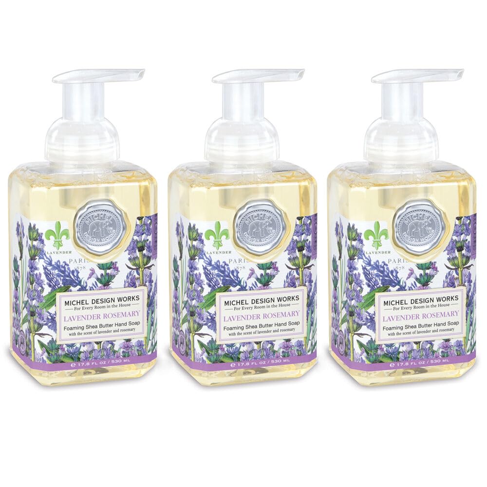 Michel Design Works front packaging showing three lavender rosemary dispensers and elegant medallions for decorative appeal