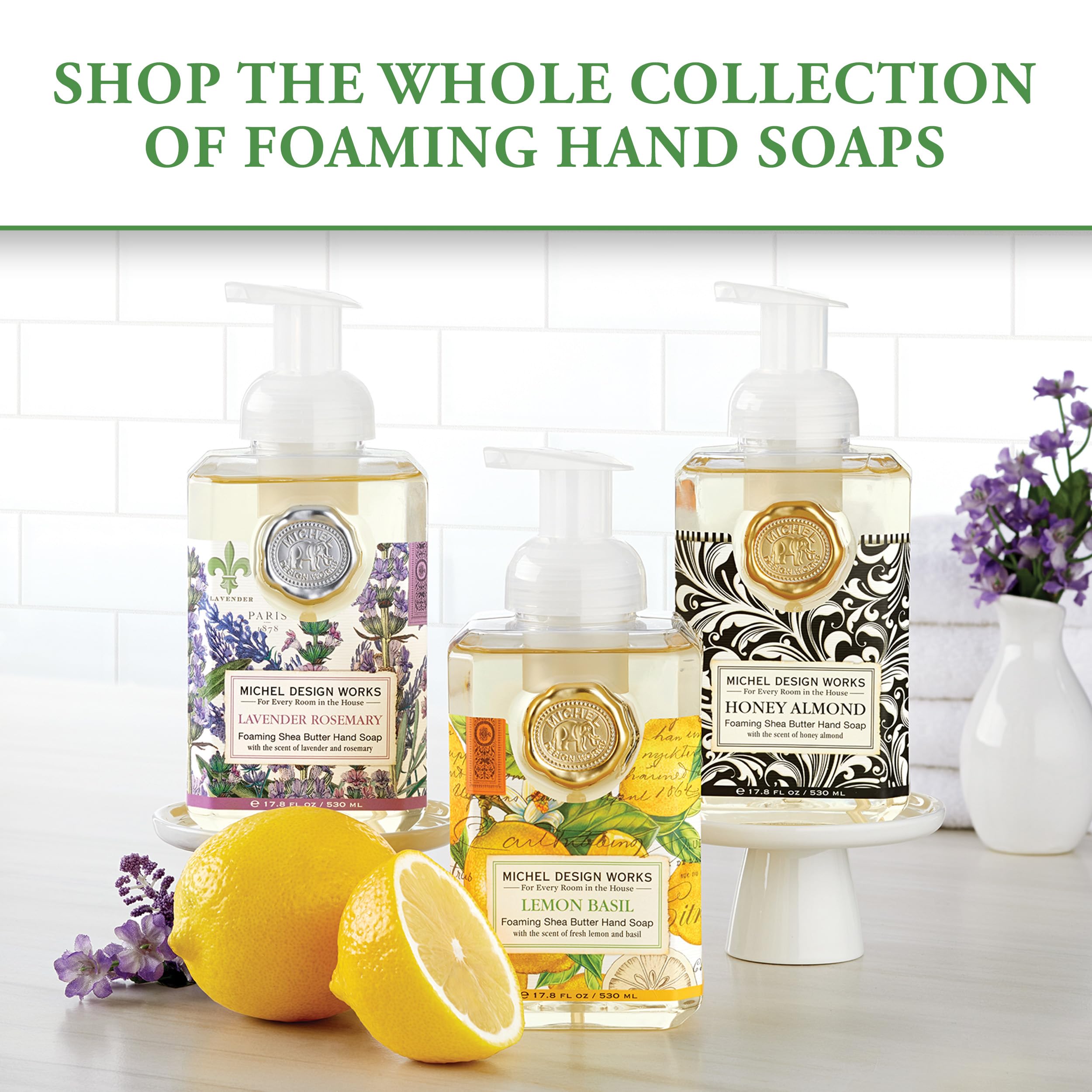 Michel Design Works bottle held in hand demonstrating 17.8 fl oz scale and long-lasting value