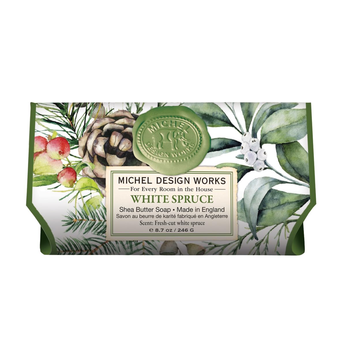 Michel Design Works White Spruce front packaging showing decorative label and bar benefit