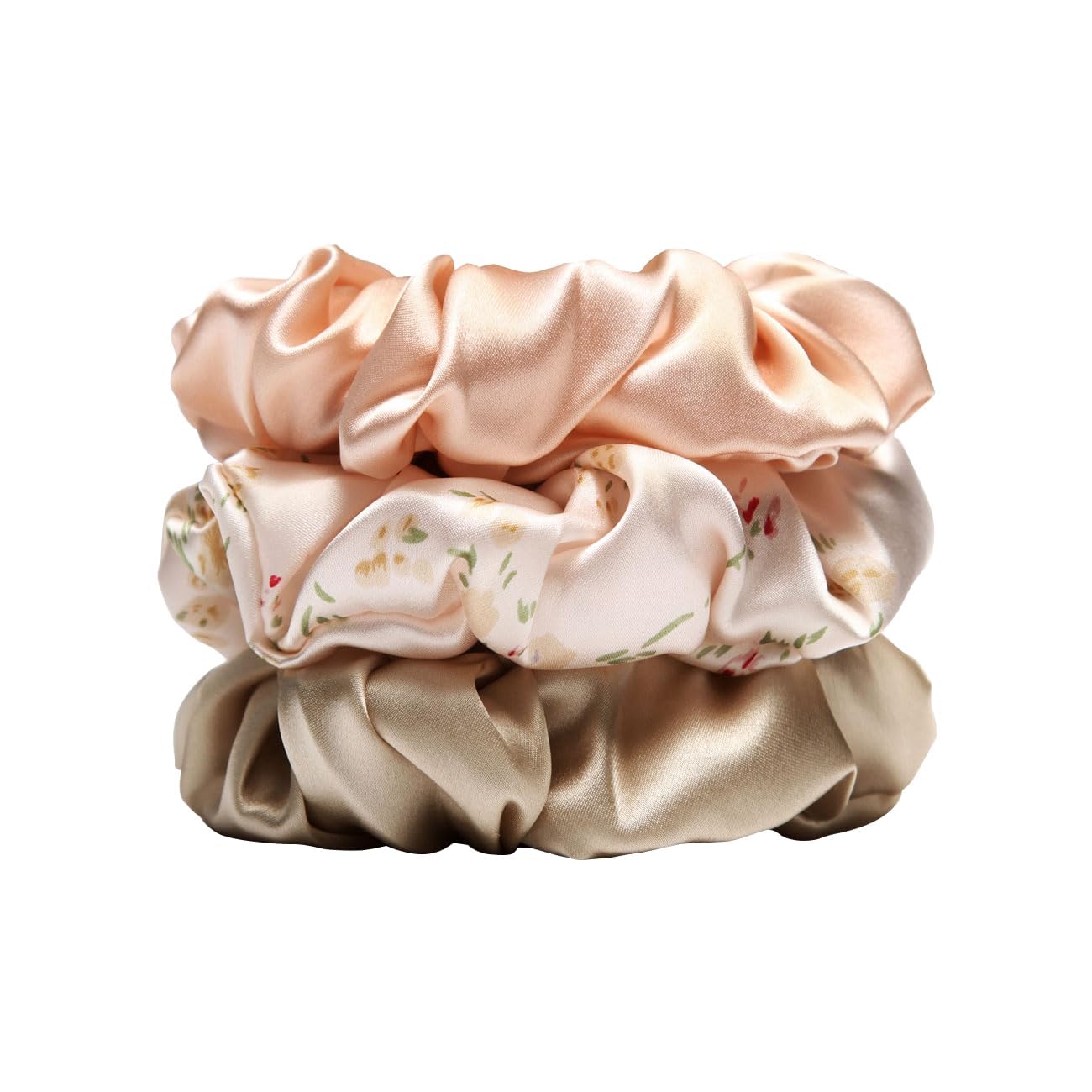 Michooyel scrunchies front view showing three silk hair ties and packaging benefit gentle hold