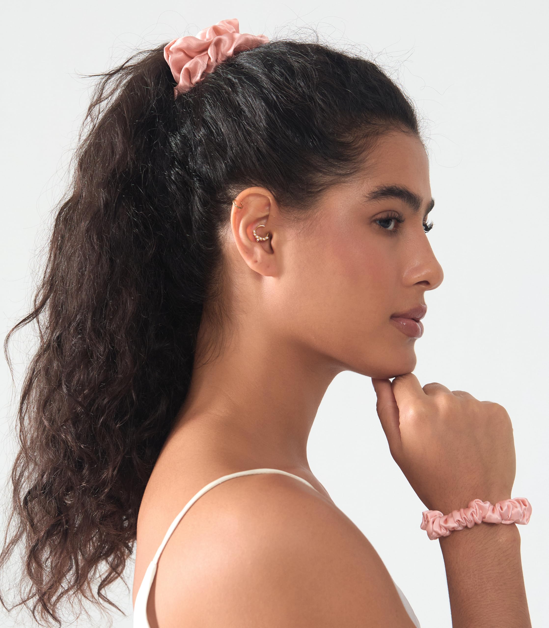 Michooyel scrunchie in lifestyle scene on a dressing table adding subtle glamour benefit versatile