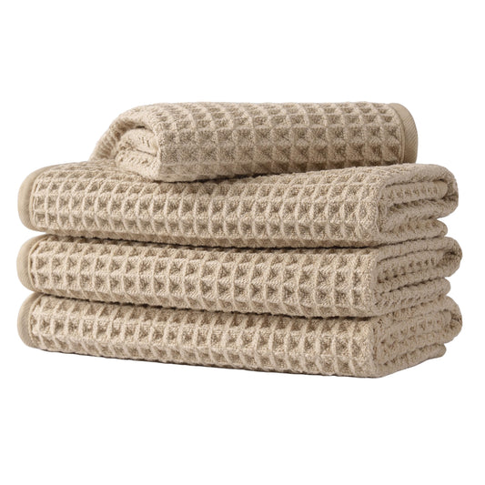 MICROFI beige face towels front view showing neat stack and compact size benefit