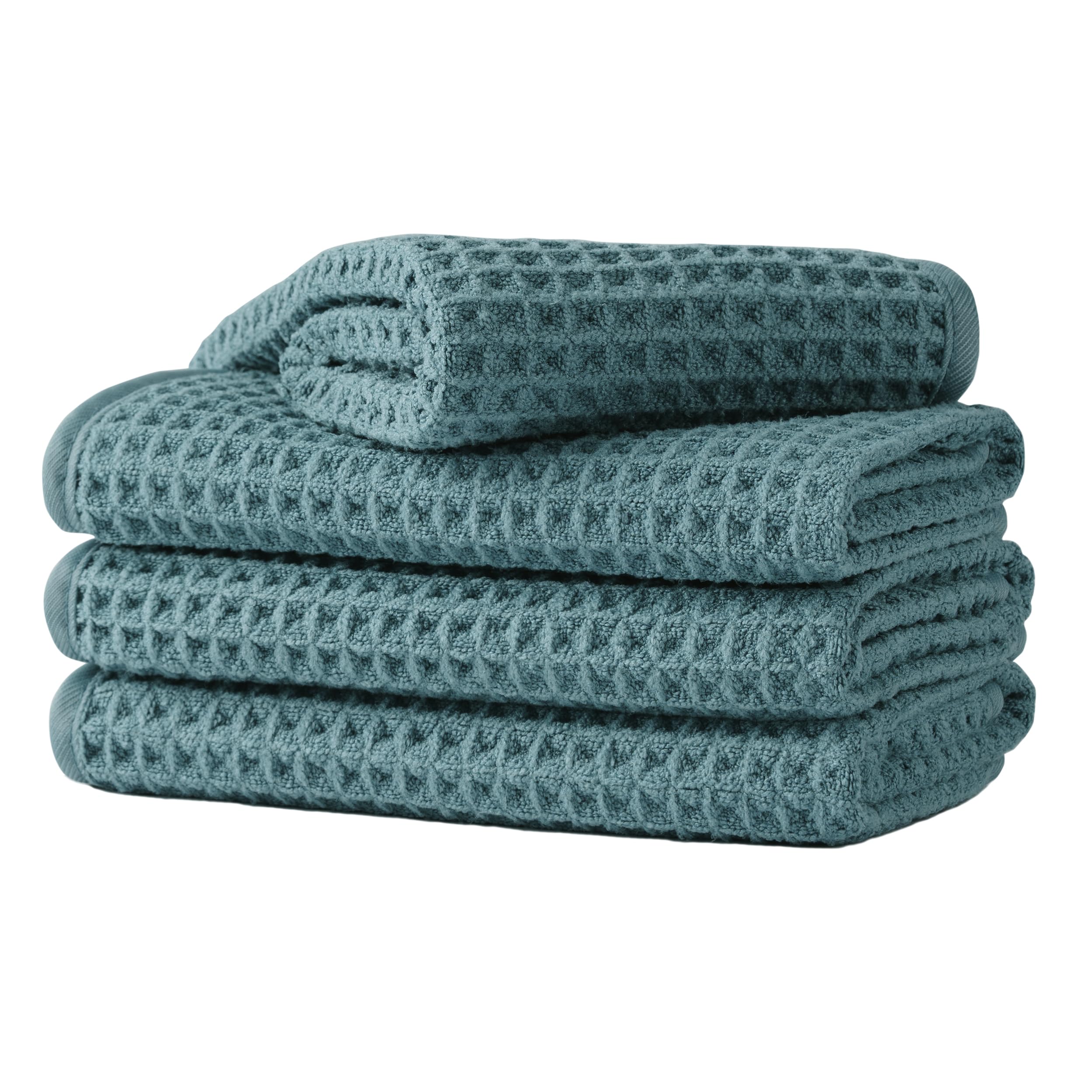 MICROFI front view of four green towels showing packaging benefit compact set