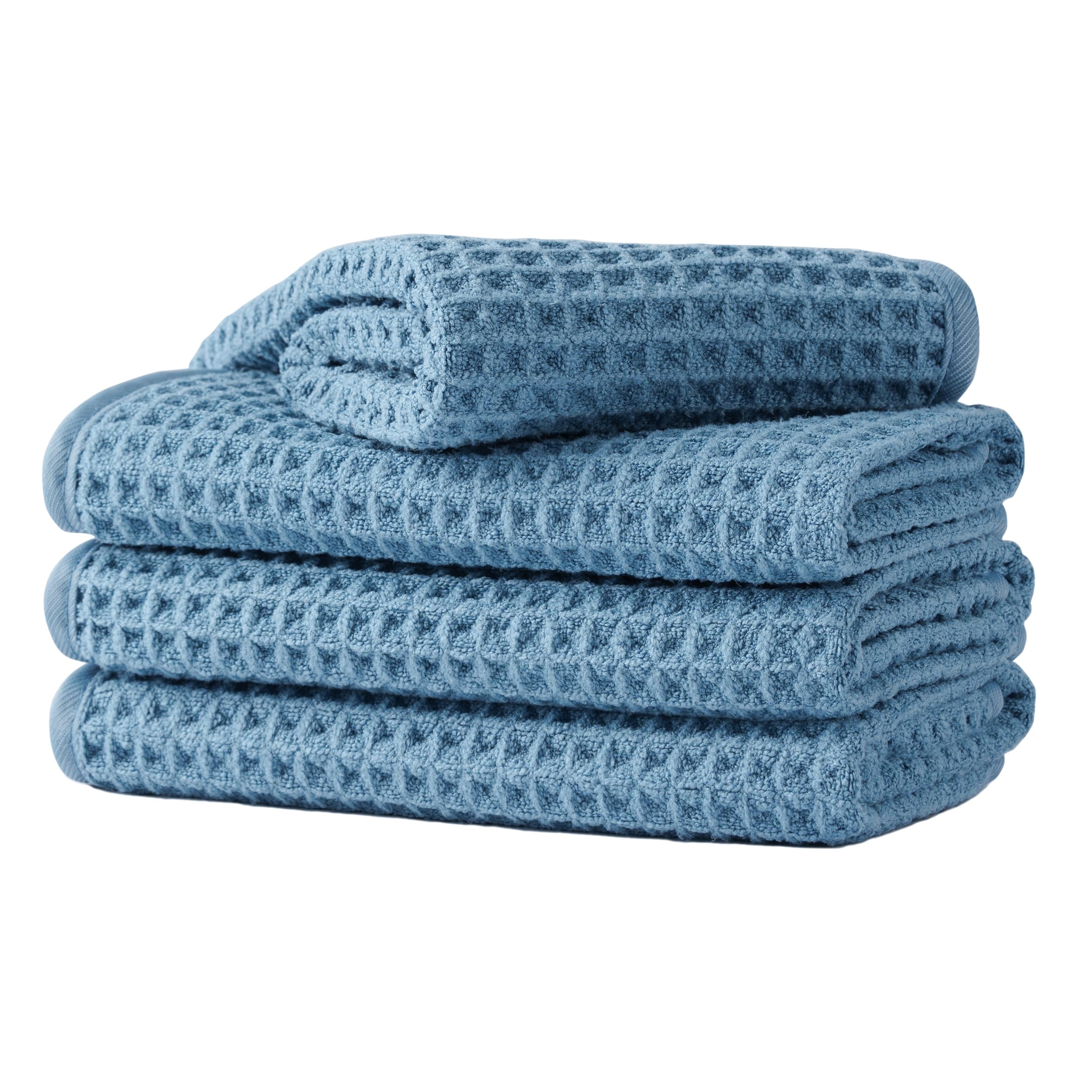 MICROFI front view of blue four-piece towel set showing compact packaging and color