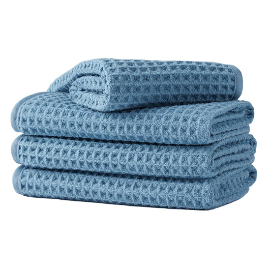 MICROFI front view of blue four-piece towel set showing compact packaging and color