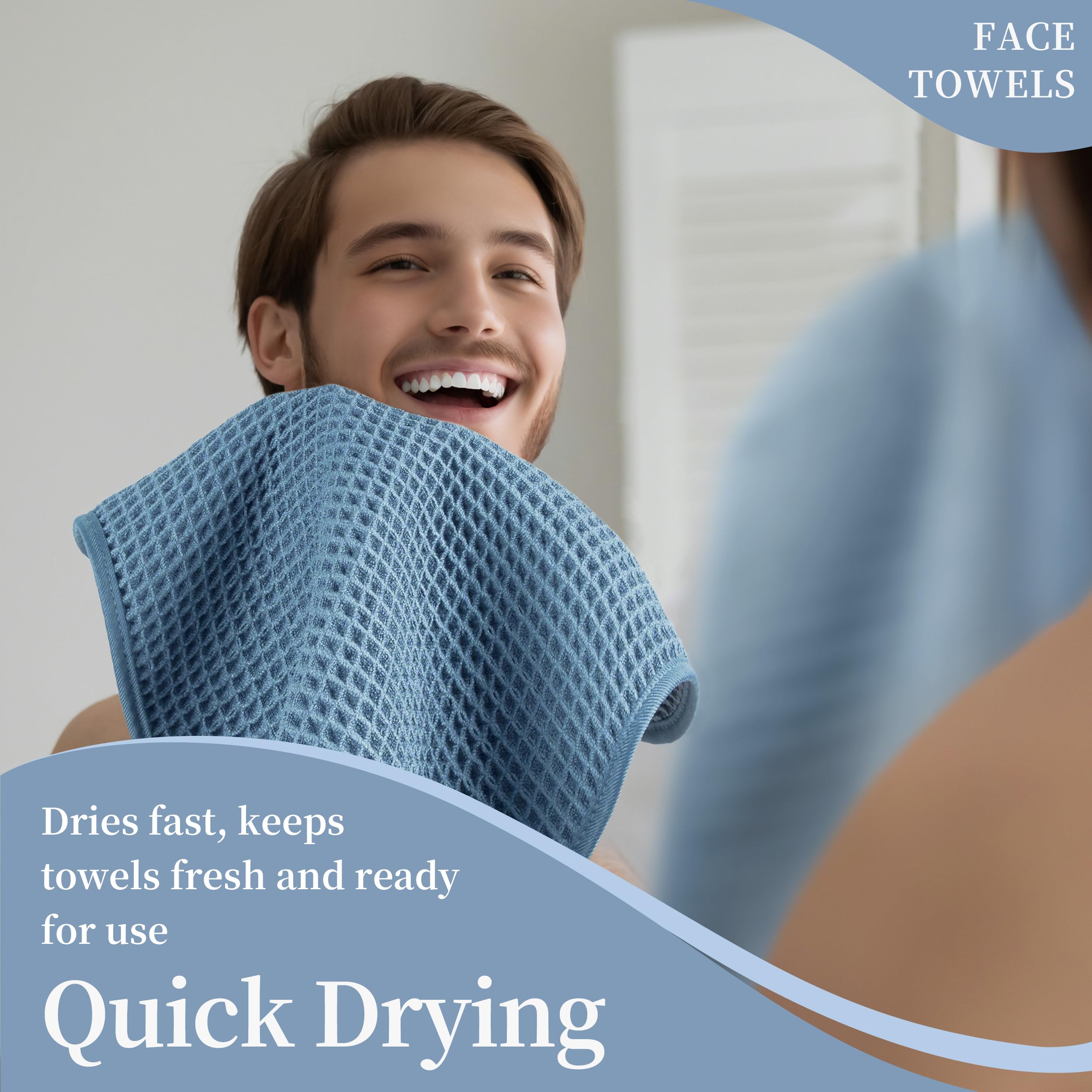 MICROFI towel held beside a hand to show 12x12 inch size for convenience