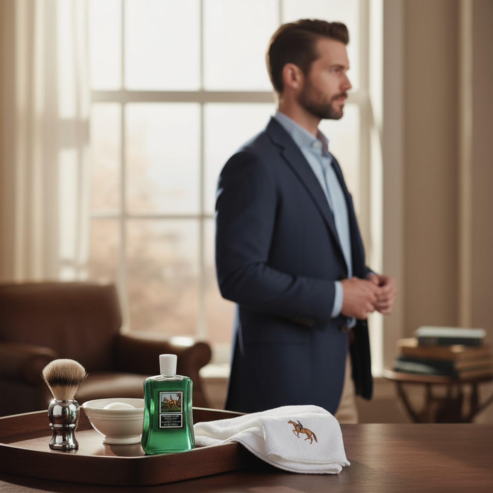 Jockey Club placed on bathroom shelf in routine setting for easy styling benefit