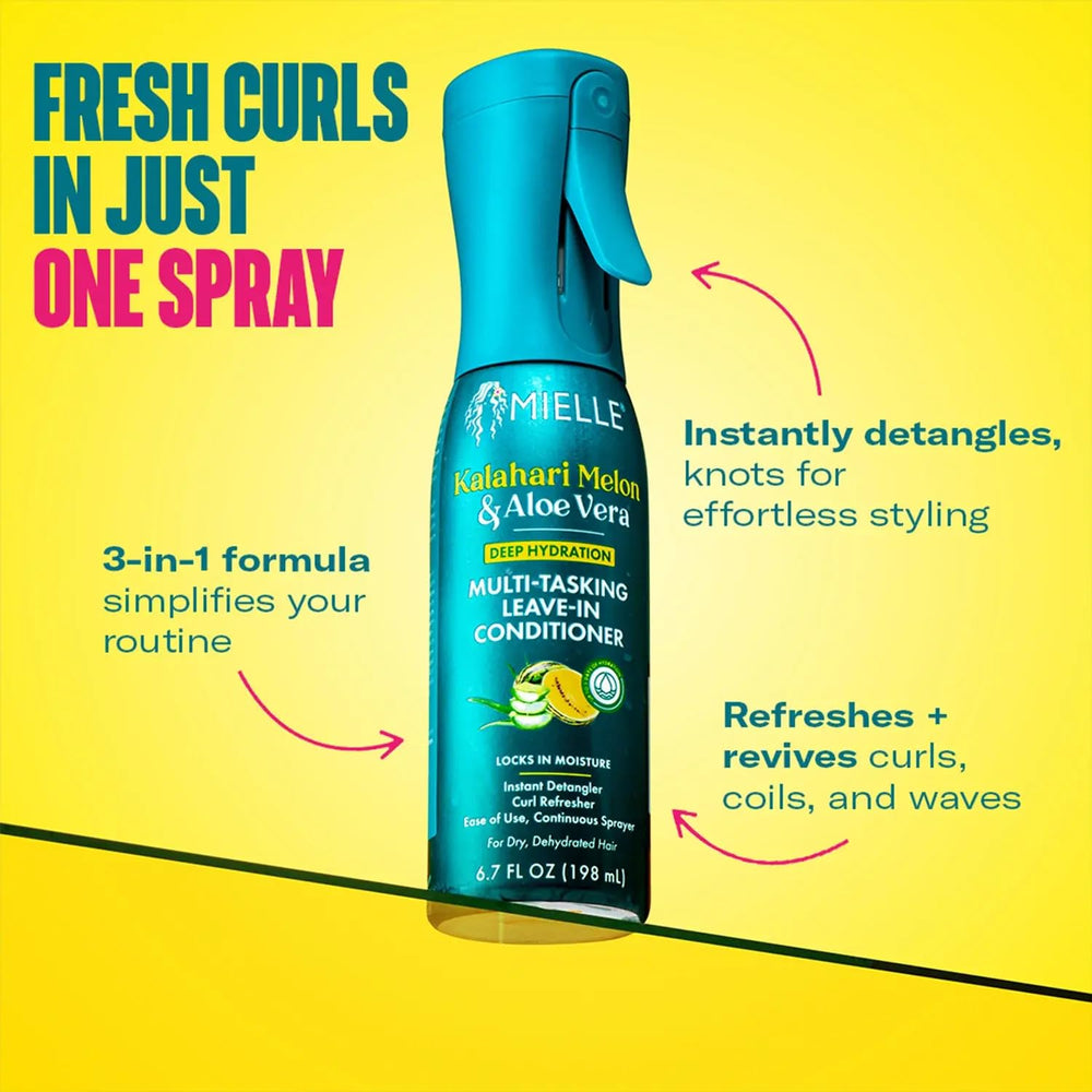 Mielle Organics mist on hair showing lightweight hydration and shine