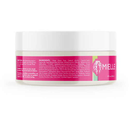 Mielle Organics ingredient label close-up showing mongongo and almond oils, supports transparency