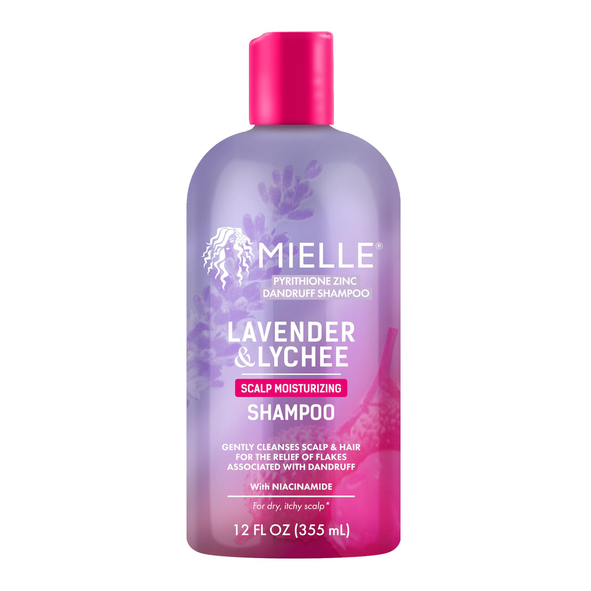 Mielle Organics front bottle showing lavender lychee scent and anti-dandruff benefit