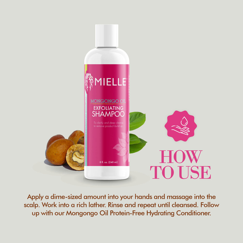 Mielle Organics shampoo being applied under shower illustrating cleansing action