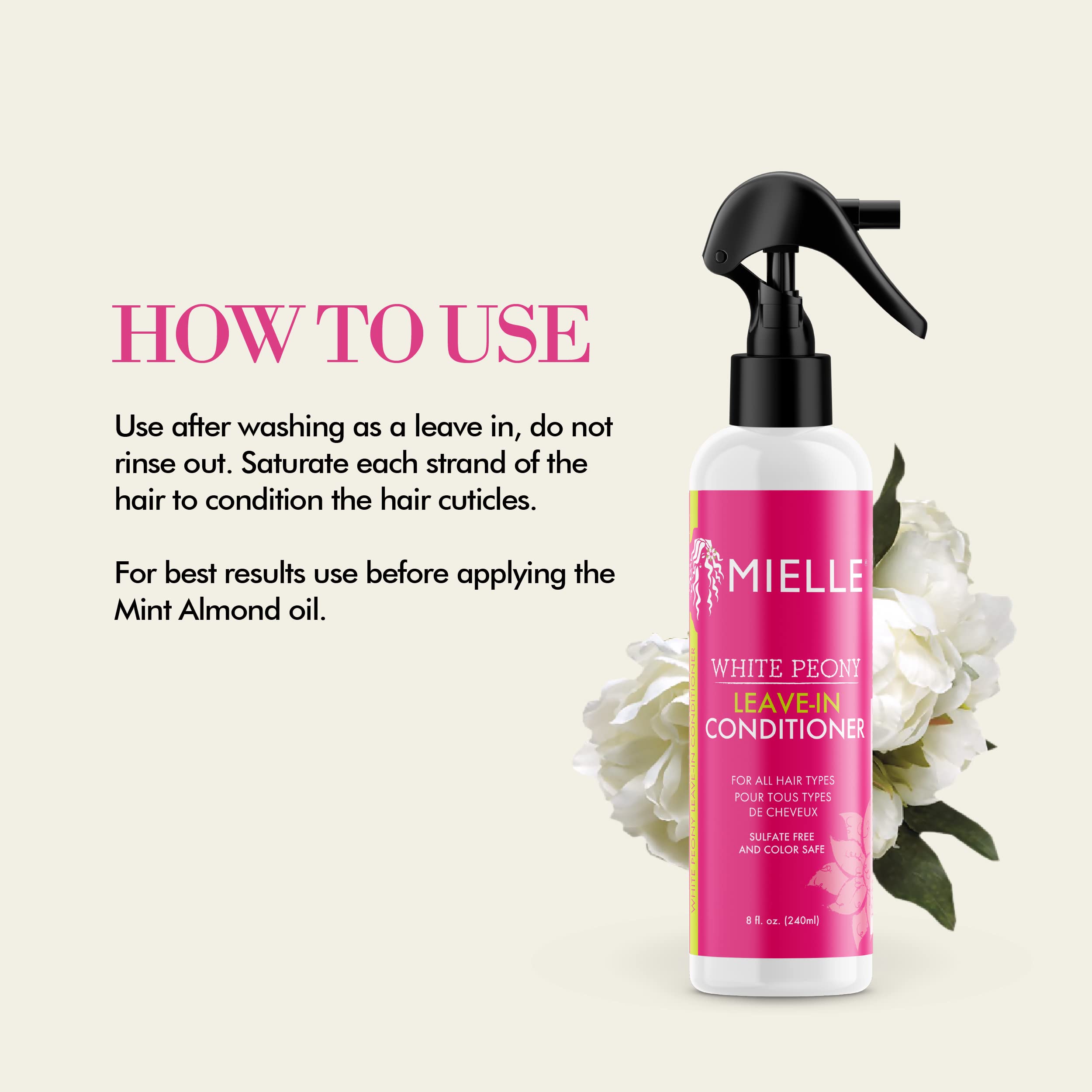 Mielle Organics 8 fl oz bottle beside measuring cup showing true size benefit
