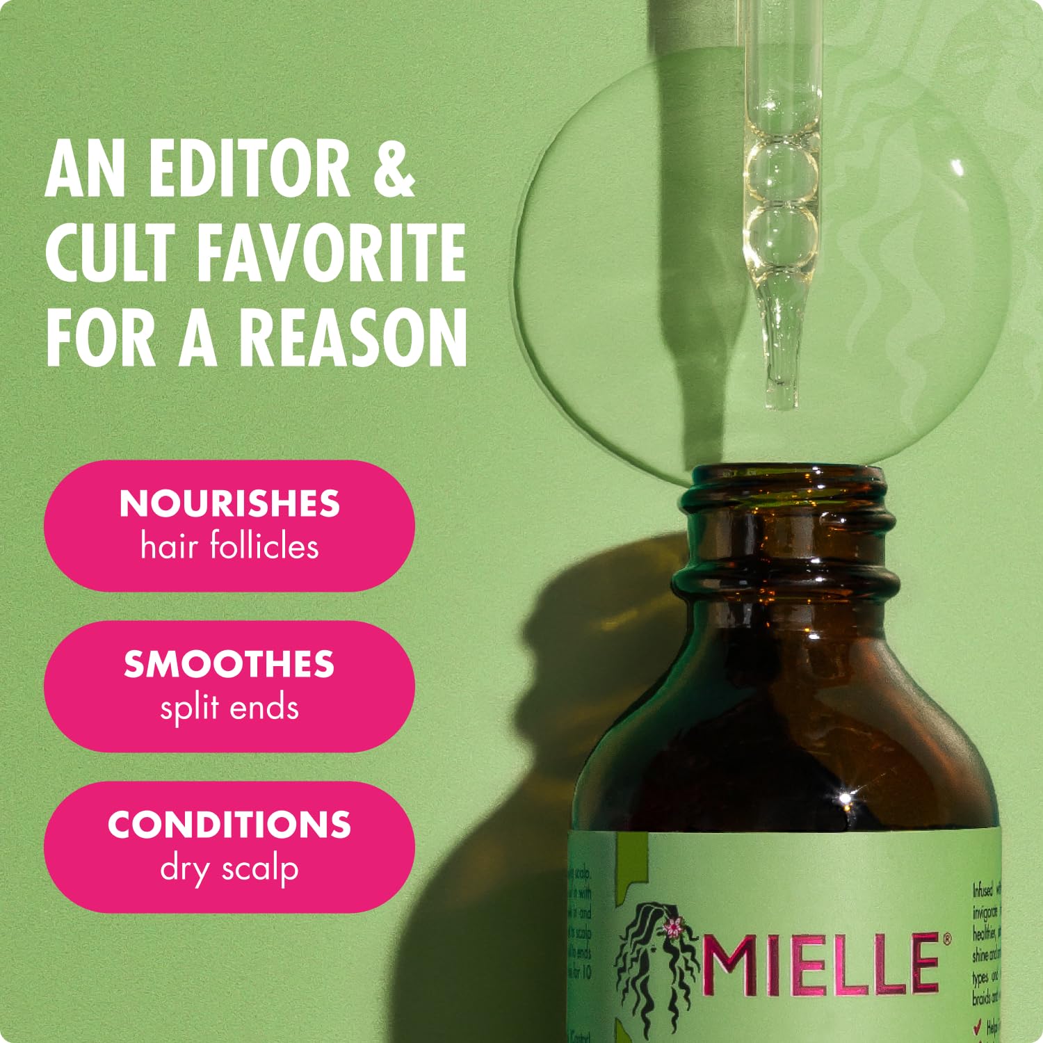 Mielle Organics oil in dropper showcasing clear, lightweight oil benefit