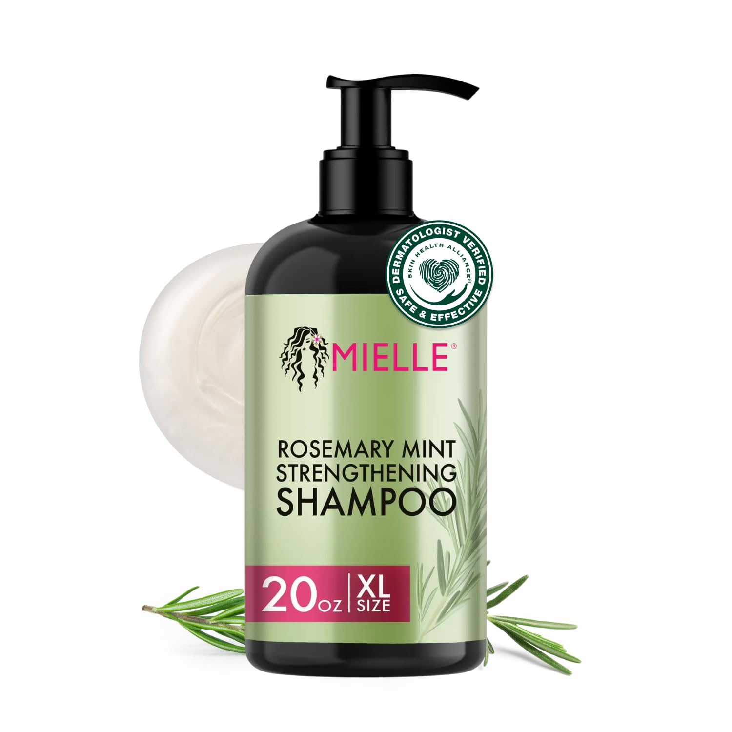 Mielle Organics front bottle showing rosemary mint label and 20 oz size benefits