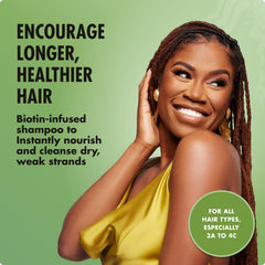 Mielle Organics label close-up on pump bottle highlighting biotin and rosemary
