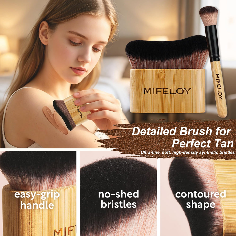 Mifeloy mitt applying self-tanner on arm demonstrating streak-free finish