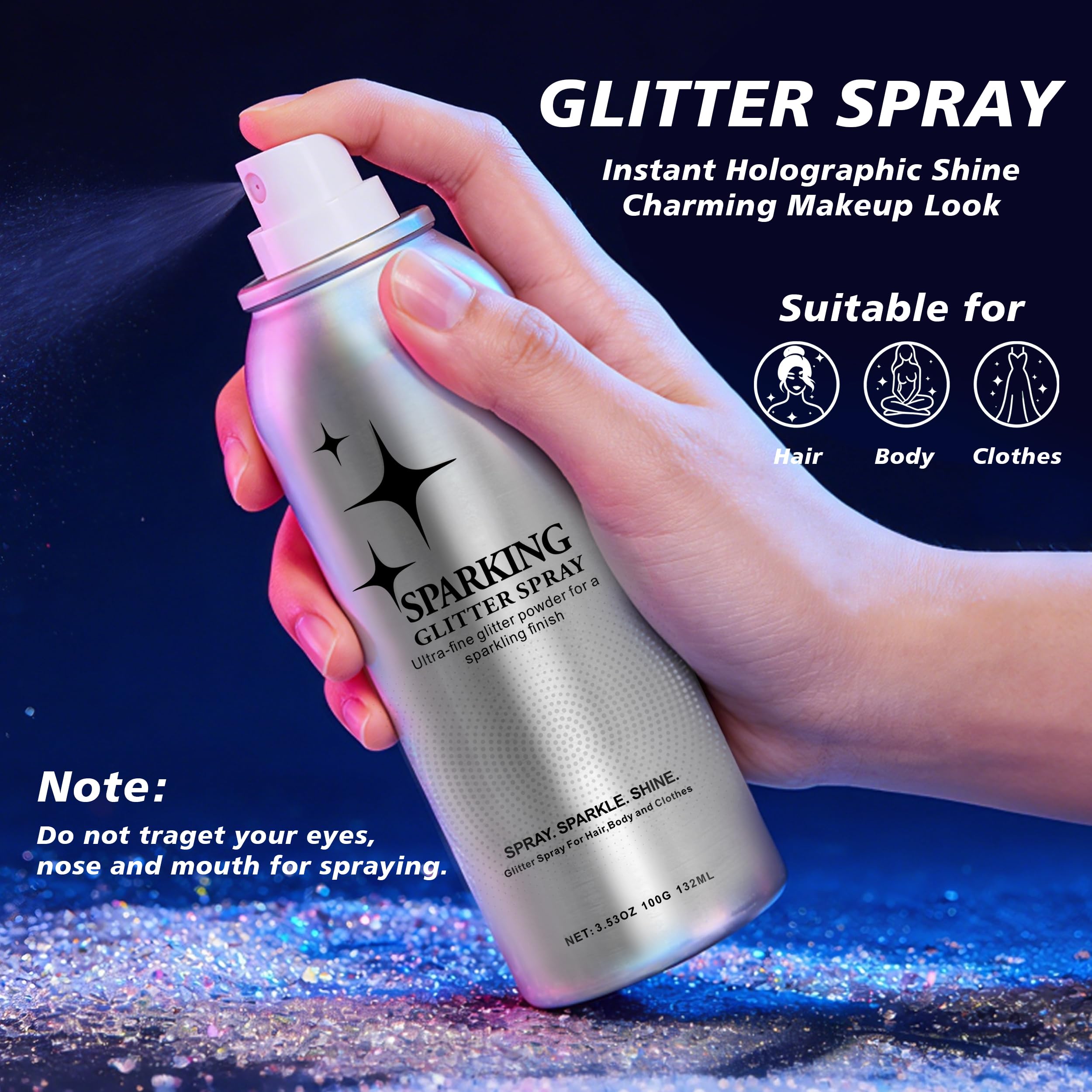 Mifeloy spray in hair demonstrating quick-dry sparkle for styles