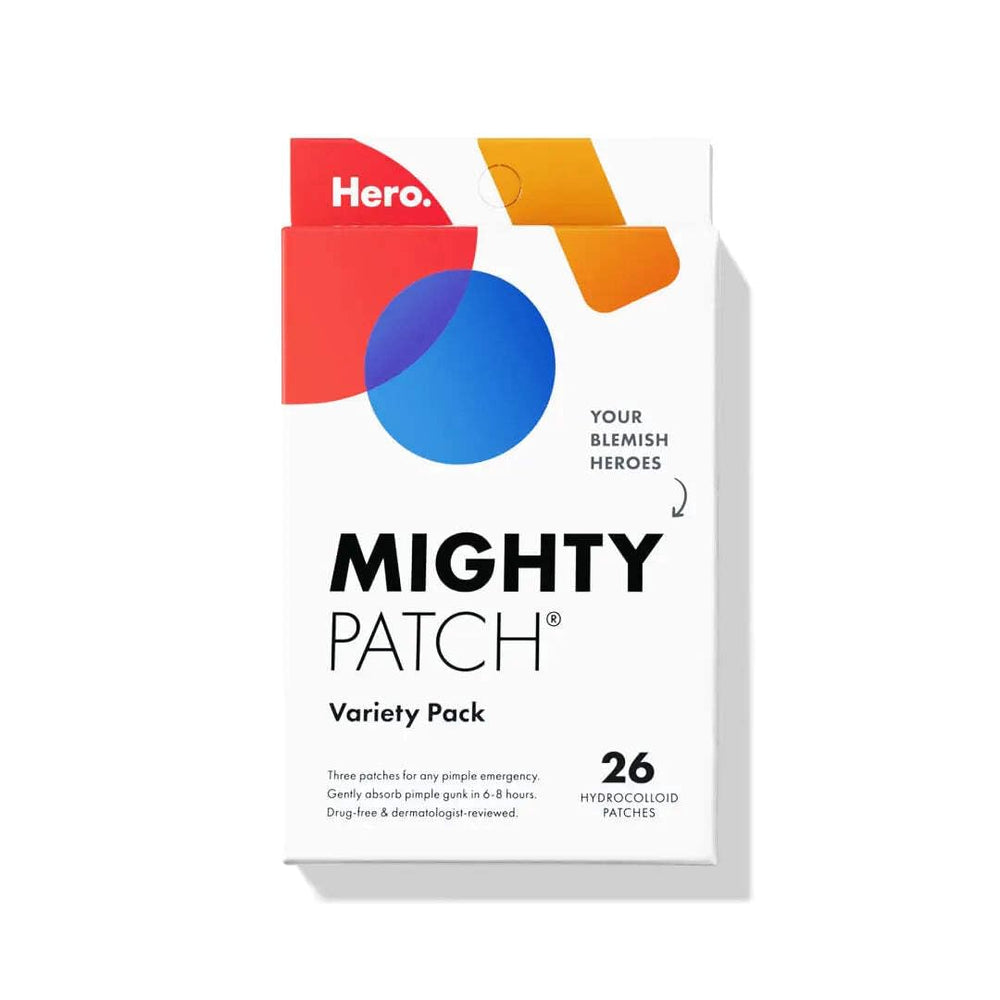 Mighty Patch front packaging showing 26-count variety pack and quick benefits